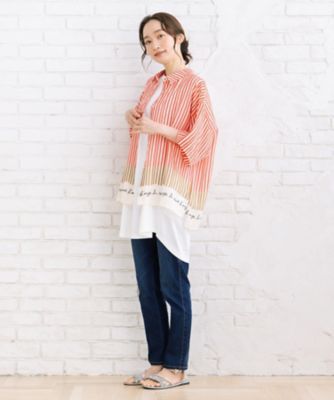 美品　麻グラデーションストライプ　単 Rogique グラデーションストライプフレンチロゴシャツ プラス