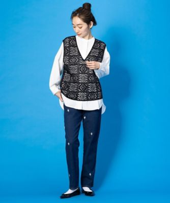 【大きいサイズ】 9号・15号・19号 FONTLAB ダイヤ＆マーガレット刺繍Tシャツ FONTLAB ダイヤ＆マーガレット刺しゅうDENIM | sab