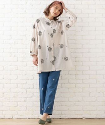 【大きいサイズ】 9号・15号・19号 FONTLAB ダイヤ＆マーガレット刺繍Tシャツ FONTLAB ダイヤ＆マーガレット刺しゅうDENIM | sab