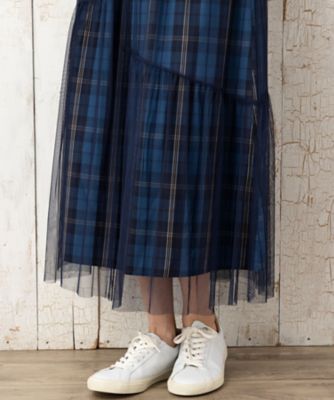 チェック×チュールレイヤードスカート
