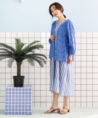 ストライプ×フラワーエンブロイダリーワンピース　３３－３０－９３６２