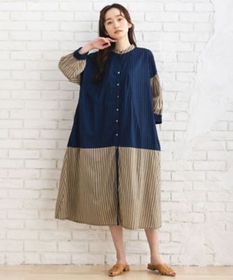 ストライプ＆チェック前開きタックワンピース　３３－３０－９３６８