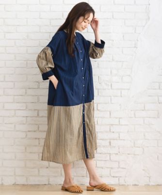 ストライプ＆チェック前開きタックワンピース　３３－３０－９３６８