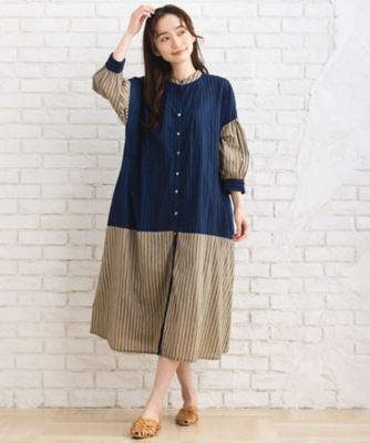 ＜sab street my standard (Women/大きいサイズ)＞ストライプ＆チェック前開きタックワンピース　３３－３０－９３６８