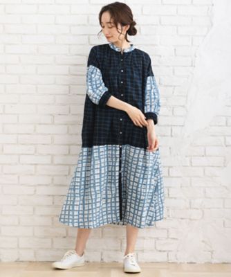 ストライプ＆チェック前開きタックワンピース　３３－３０－９３６８