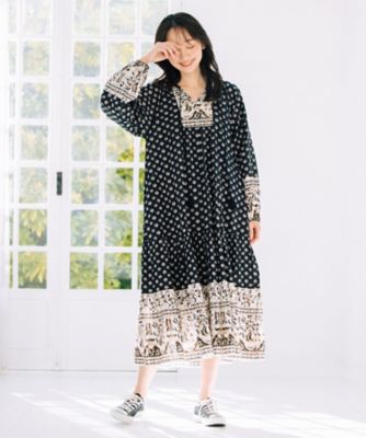 ＜sab street my standard (Women/大きいサイズ)＞ＩＮＤＥＳＩＧＮ　ボタニカルＭＩＸプリントカフタンワンピース　３３ー３０ー９５５２