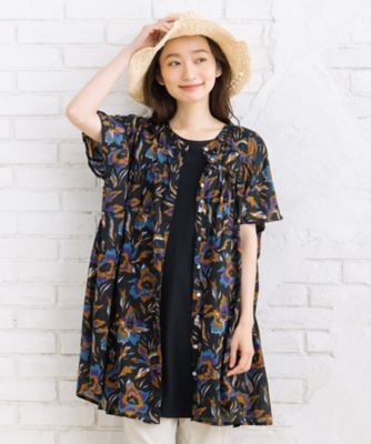 SHARESPIRITノースリーブチュニック 黒とベージュのグラデーション ボタニカルブラッシュプリントチュニック プラスサイズ 33ー30ー
