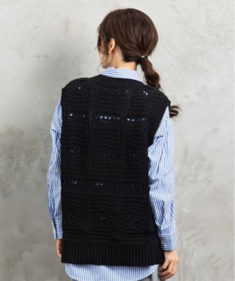 earth_eco_loco ベスト ジレ レディース ウール混 かぎ編み 重ね