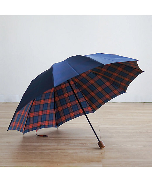  甲州織 雨晴兼用折り畳み傘 プレイド 10本骨 ブルー 傘・日傘