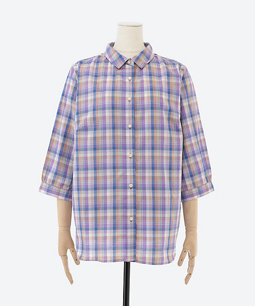 【送料無料】ブロードマドラスチェックシャツ プラスサイズ ライトパープル系(622) トップス