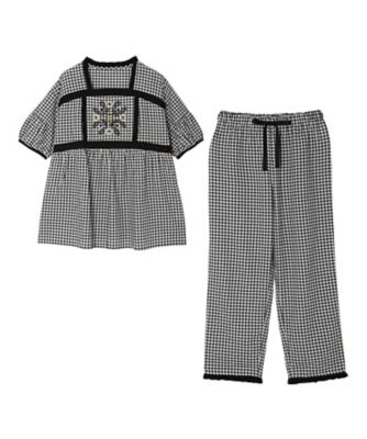 ＜KID BLUE (Women)＞２６ギンガムフラワーエンブ　５分袖パジャマ　ＫＮＤＫ３２７