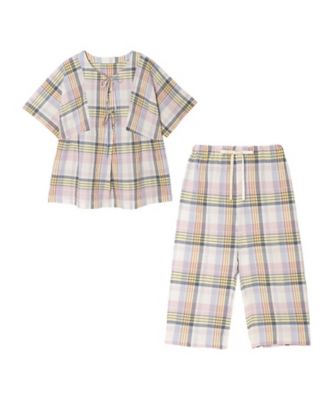 ＜KID BLUE (Women)＞２６シャーリングチェック　５分袖パジャマ　ＫＮＤＫ３４２