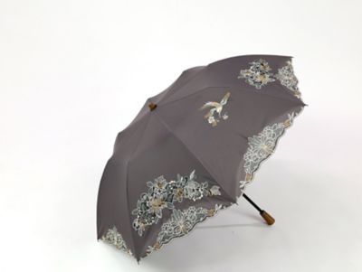 ★【産直】花鳥オーガンジーカットワーク刺繍かわず張り　ショート折りたたみ日傘