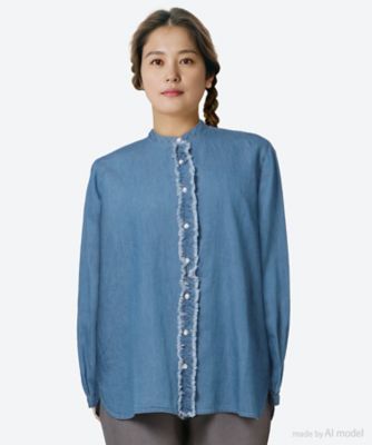 ＜marble SUD (Women/大きいサイズ)＞コットンリネンデニム　フリルブラウス　０５ＦＦ０７１１４９