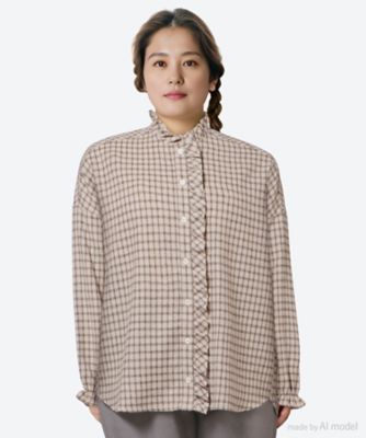 ＜marble SUD (Women/大きいサイズ)＞ラインチェック　フリルブラウス　０５ＦＦ０７３１４８