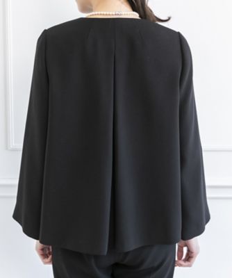 【オールシーズン・喪服・礼服・フォーマル】プルオーバー風ジャケット×ブラウス×パンツ３点セットアップスーツ