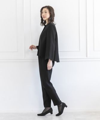 【オールシーズン・喪服・礼服・フォーマル】プルオーバー風ジャケット×ブラウス×パンツ３点セットアップスーツ