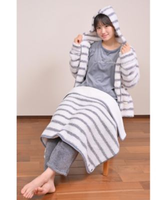 ９５０９【年明け届】ルームウェア４点（ボーダー柄パーカー＋無地パンツ＋フリース素材トップス＋マルチＷＡＹブランケット）トートバッグ付【福袋】