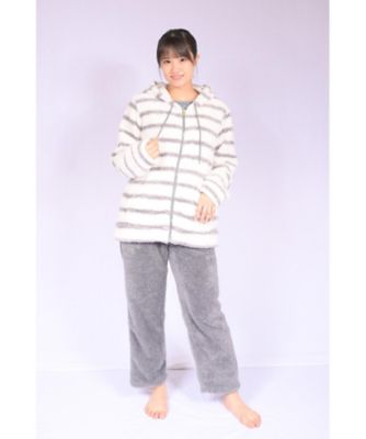 ９５０９【年明け届】ルームウェア４点（ボーダー柄パーカー＋無地パンツ＋フリース素材トップス＋マルチＷＡＹブランケット）トートバッグ付【福袋】