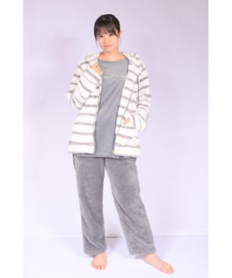 ９５０９【年明け届】ルームウェア４点（ボーダー柄パーカー＋無地パンツ＋フリース素材トップス＋マルチＷＡＹブランケット）トートバッグ付【福袋】