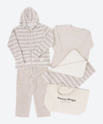 ９５０９【年明け届】ルームウェア４点（ボーダー柄パーカー＋無地パンツ＋フリース素材トップス＋マルチＷＡＹブランケット）トートバッグ付【福袋】