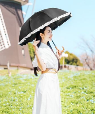 日傘 フリル 2段折りたたみ 曲がり手元（手元竹／傘袋付）50cm