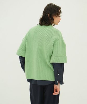 極美品 アカネウツノミヤ 立体編み 総柄 半袖 コットンリブニット グリーン OVER HALF SLEEVE KNIT TOPS 10106ー