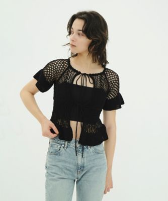W FACE RIBBON CROCHET KNIT TOPS
