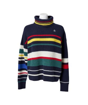 カシミヤ混マルチボーダー片畦ルーズフィットタートルニット