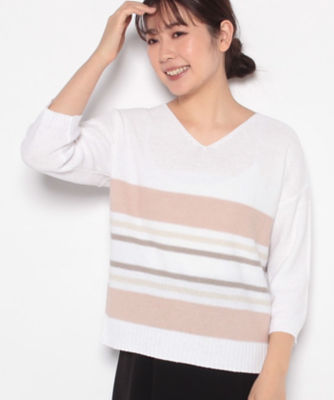 ＜Leilian (Women)＞配色ボーダーＶネックニットプルオーバー【ＬＥ　ＴＲＩＣＯＴ　ＰＥＲＵＧＩＡ】