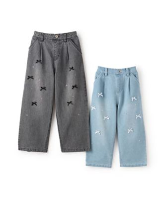 リボン　デニムワイドパンツ　６０５１１０６
