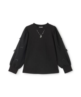 音符ネックレス刺しゅう 袖シフォン テレコTシャツ 6063207