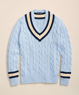 Cotton cable V-neck tennis sweater 100218860