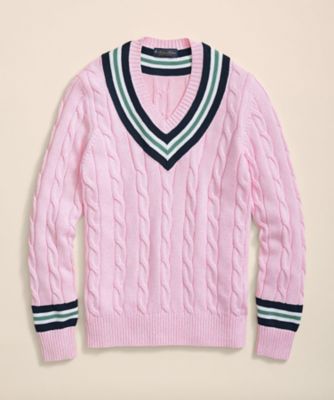 Cotton cable V-neck tennis sweater 100218861
