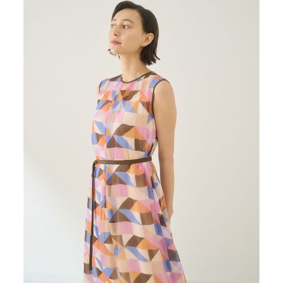 アートブロックプリントリボンベルト付ワンピース