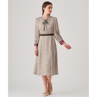 23年✨アナイ ベルトパターンプリントワンピース ロング ボウタイ ホワイト S 23年✨アナイ ベルトパターンプリントワンピース ロング