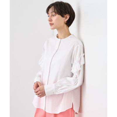 【545】美品　アナイ　ブロードＸチュールパフ袖 ブラウス　白　36 ANAYI（アナイ）の「ブロードXチュールパフ袖 ブラウス（シャツ