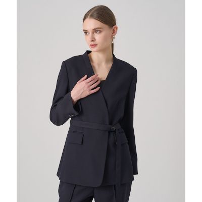 セットアップ対応商品】ポリウールノーカラーベルテッドジャケット