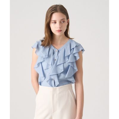 【超美品】✨ANAYI フリル付きホワイトブラウス 半袖　38サイズ ANAYI 2022SS ドットプリントラッフルブラウス フリル 38