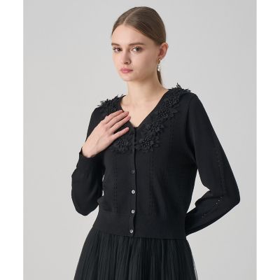 1684 美品 ANAYI 立体フラワーレースVネックカーディガン ブラック 立体フラワーレースV カーディガン | ANAYI/アナイ | 三越伊勢丹