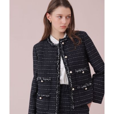 なないろです！トゥービーシック♡ツイード ノーカラージャケット 46パール なないろです！トゥービーシック♡ツイード ノーカラージャケット 46