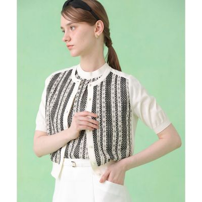 ANAYI アイボリー レース 長袖カーディガン ANAYI(アナイ)｜レースラインコットンナイロンカーディガン/ホワイト