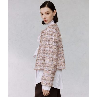 ANAYI　アナイ　ノーカラー　ツィードセットアップ 38 ブラウンピンクツイードノーカラー ジャケット〈セットアップ対応商品