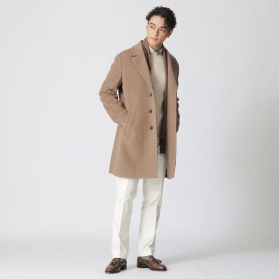 ポールスミス チェスターコート ヘリンボーン ベロア切り替え 比翼ボタン L MADISON】ウール＆カシミヤムリネヘリンボン／シングル