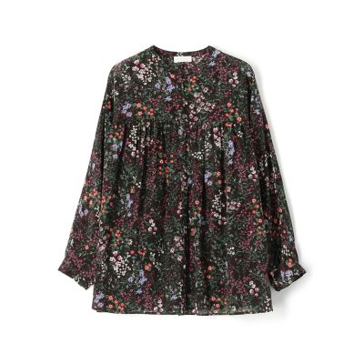 コットンシルクマルチフラワープリント ヨークギャザーブラウス