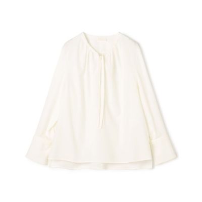 コットンシルクフラワープリント ネックギャザーブラウス