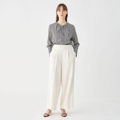 コットンキュプラギンガムチェック ギャザーVネックブラウス