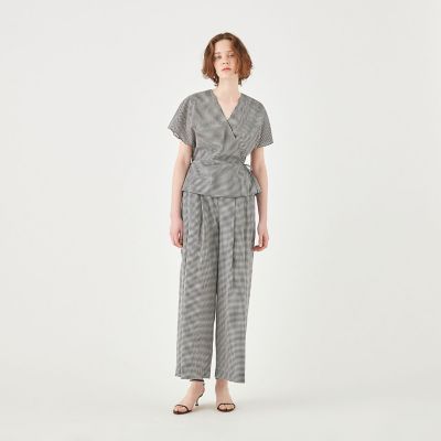 ローンギンガムチェック　カシュクールライクブラウス