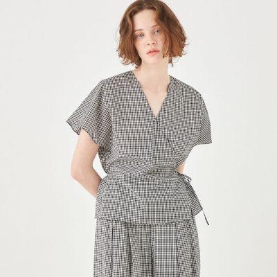 ローンギンガムチェック　カシュクールライクブラウス