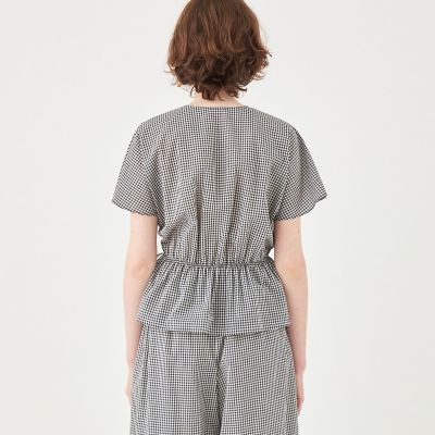 ローンギンガムチェック　カシュクールライクブラウス